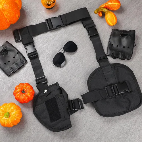 Vista 3 de Mepase 3 piezas de disfraz de Halloween para mujer, cosplay, pierna caída, ajustable, pistola, pistola, con bolsas para revistas, medio dedo, punk