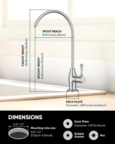 Vista 5 de WEWE Grifo de agua potable vintage, grifo de filtro de agua de cocina de acero inoxidable sin plomo para sistema de ósmosis inversa, grifo de Níquel
