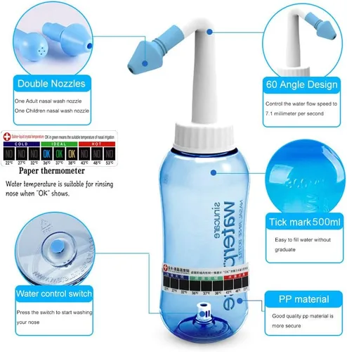 Vista 2 de Darate Neti Pot - Botella de enjuague sinusal, limpiador de lavado de nariz, enjuague a presión, riego nasal para adultos y niños, sin bisfenol A