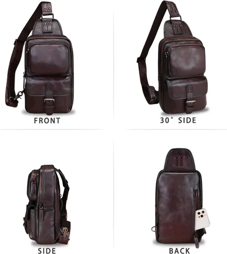Vista 5 de LRTO Bolso bandolera de cuero genuino para motocicleta, hecho a mano, para senderismo, mochila de hombro retro, Café, Mochilas Sling