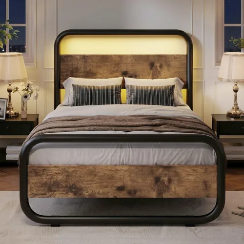 Vista 11 de Catrimown - Marco para cama individual con luces LED, marco de cama plataforma individual resistente de metal rústico con cabecera de madera