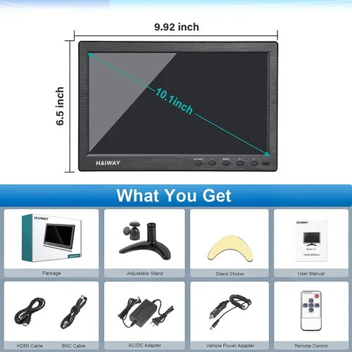 Vista 2 de Haiway Monitor de seguridad de 10.1 pulgadas, resolución de 1024 x 600, pequeño monitor HDMI, monitores de computadora pequeños con control remoto