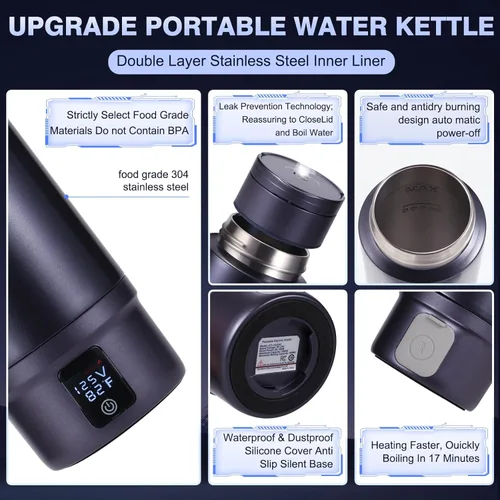 Vista 6 de Hervidor Eléctrico para Automóvil con Aislamiento al Vacío, Vaso Térmico de Acero Inoxidable Miicasa Calentador de Agua para Automóvil, Hervidor
