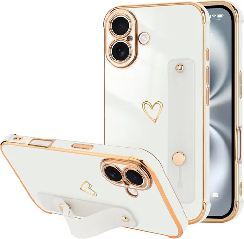 Vista 71 de LLZ.COQUE Funda compatible con iPhone 12 para mujeres y niñas, parachoques chapado de lujo con bonito diseño de corazón de amor, soporte de correa