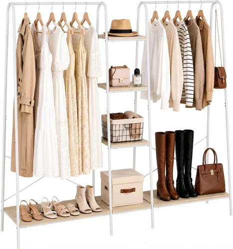 Vista 12 de Finnhomy Rustic Clothes Rack, Clothing Rack for Hanging Clothes Heavy Duty Garment Rack with 5 Wood Shelves Freestanding Portable Closet Organizer