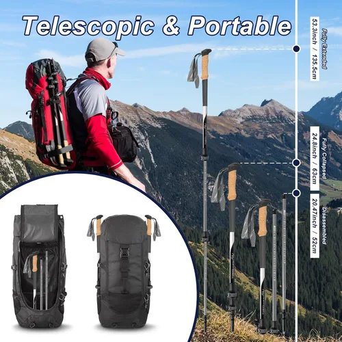 Vista 5 de Bastones de senderismo, bastones de senderismo telescópicos ultraligeros, bastones portátiles con altura ajustable para hombres y mujeres