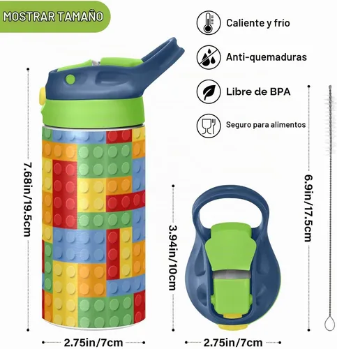 Vista 3 de Kigai Botella de agua pequeña para niños, 12 onzas, bloques de construcción, botella aislada con tapa con pajilla, vaso de acero inoxidable, vaso
