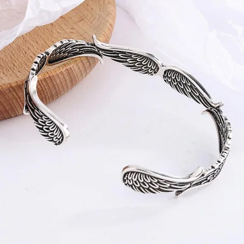 Vista 6 de Pulsera de plata de ley de estilo vintage con alas de ángel, ajustable, pulseras inspiradoras para mujeres y hombres, regalo de joyería inspiradora