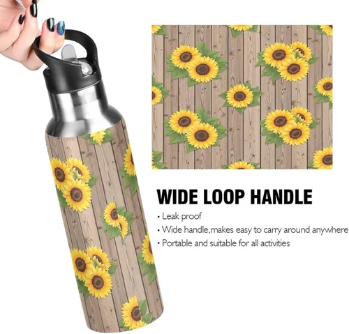 Vista 4 de BPA-Free Sport Water Bottle Insulated 32 Oz, Stainless Steel Vacuum Insulated Water Bottle for Gym Outdoor Travel School, Sunflowers Rustic Wooden