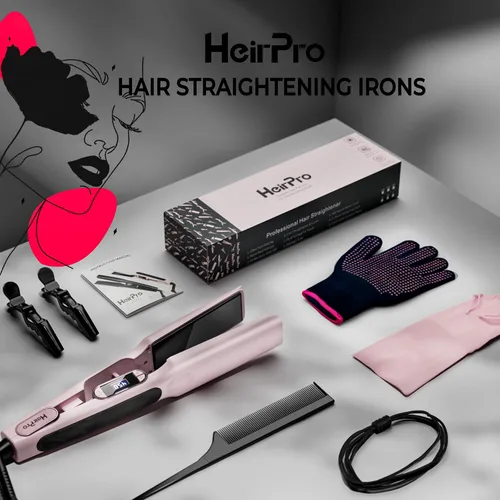 Vista 6 de Plancha de cerámica con placa flotante 3D, plancha de pelo con 15 temperaturas para cabello grueso, mango ergonómico de silicona, pantalla LCD, Rosa