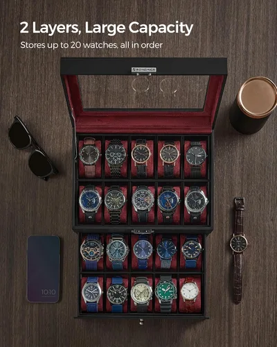 Vista 4 de SONGMICS Caja de reloj de 20 ranuras, caja de reloj con tapa de vidrio, 2 capas, vitrina de reloj con cerradura, cuero sintético negro, forro rojo