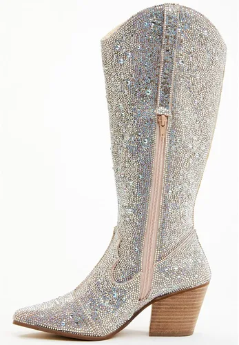 Vista 2 de olomisa Botas de diamantes de imitación para mujer, botas vaqueras altas hasta la rodilla, punta puntiaguda, tacón grueso, botas de vaquera