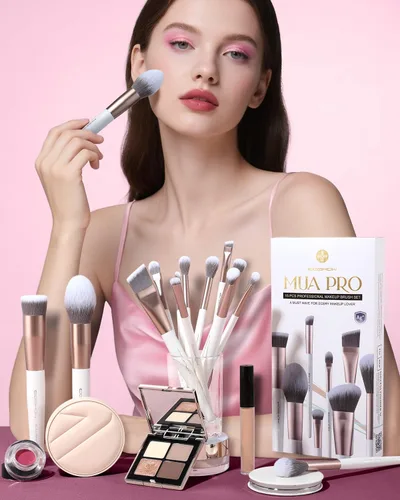 Vista 6 de EIGSHOW Juego de brochas de maquillaje, 15 brochas de maquillaje profesional con cerdas de iones plateadas para base, colorete, iluminador champán