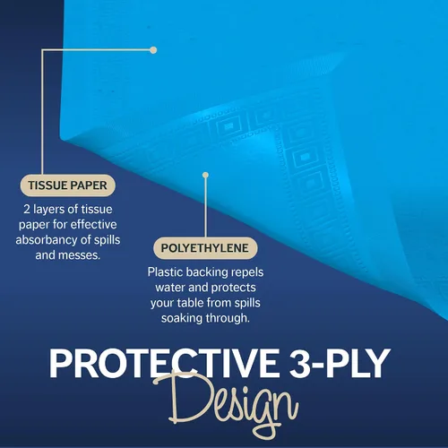 Vista 4 de HOUZZKINGZ USA Manteles de papel azul, 54 x 108 pies, paquete de 4 manteles de papel y plástico de alta calidad de 3 capas para fiestas, desechables