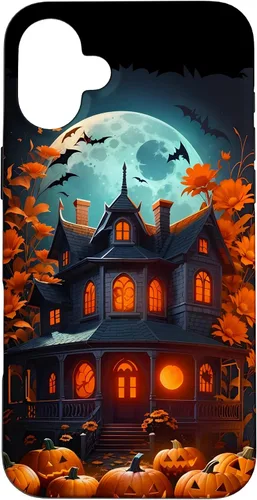 Vista 22 de iPhone 16 Halloween Spooky Haunted House Bats & Carved Pumpkins Case