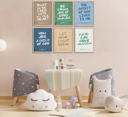 Vista 4 de Conjunto de 6 impresiones de pared de lona cristiana para guardería, versículos bíblicos para niños, citas inspiradoras, pintura, imagen, decoración