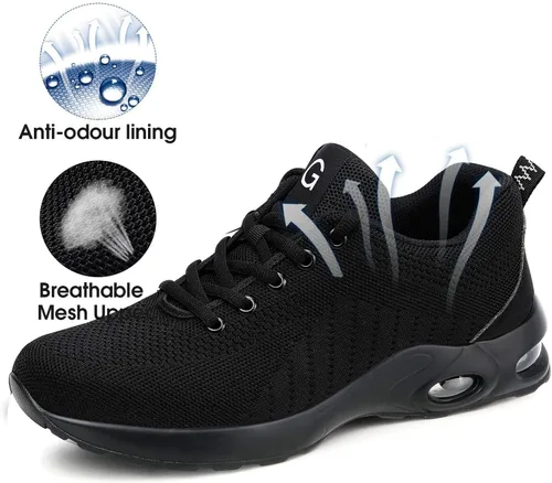 Vista 7 de Tinefiy Zapatos de punta de acero para hombres y mujeres, ligeros, con amortiguación de aire, zapatillas de seguridad antideslizantes