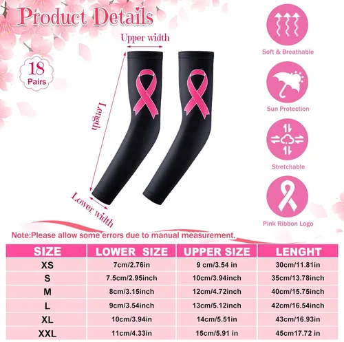 Vista 2 de Zhehao 18 pares de mangas de concientización sobre el cáncer de mama, mangas de compresión para brazos con cinta rosa, mangas de compresión