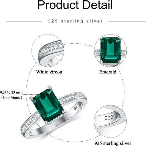 Vista 3 de Gnteey Anillos de plata de ley 925 de 0.315 x 0.236 in, con piedra natal de corte esmeralda, anillo de compromiso para mujer
