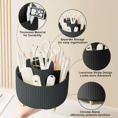 Vista 3 de Organizador para brochas de maquillaje, organizador de brochas de maquillaje giratorio 360°, taza con 5 ranuras para brochas de maquillaje