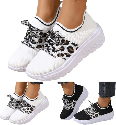 Vista 3 de Zapatos deportivos para caminar para mujer, con plataforma de espuma viscoelástica, de moda, con estampado de leopardo, de malla, transpirables