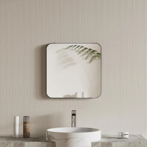 Vista 2 de Espejo cuadrado de vidrio templado negro de 18 x 18 pulgadas, espejo de baño para pared, marco de decoración de metal, espejo mate antioxidante