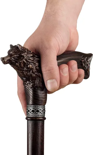 Vista 4 de Bastón de caminar tallado personalizado para hombres - Wolf Fenrir - Bastón de madera de lujo para hombre único
