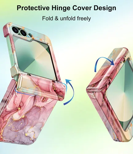Vista 2 de Btscase Funda para Samsung Galaxy Z Flip 6, protector de pantalla frontal integrado, patrón de mármol dorado con purpurina de policarbonato duro