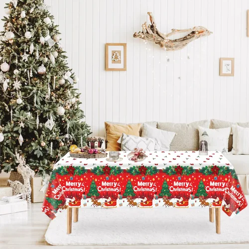 Vista 9 de Paquete de 4 manteles de Navidad para fiesta de Navidad, decoración de fiesta de Navidad, cubierta de mesa de Navidad con árbol de Navidad y copo