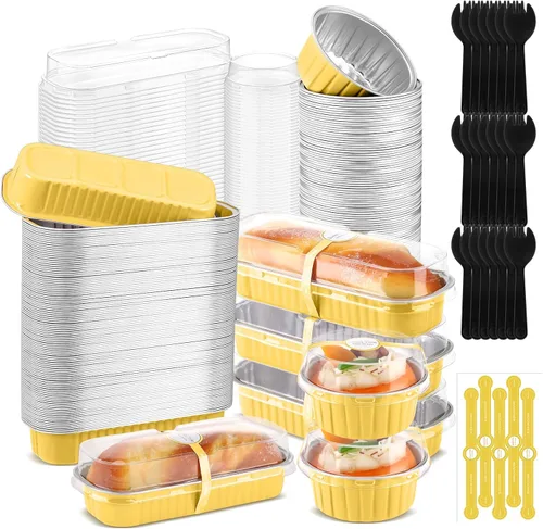 Vista 9 de Suclain 600 piezas de mini moldes para pan negros y dorados con tapas y cucharas, calcomanías de sellado de 6.8 onzas, papel de aluminio desechable