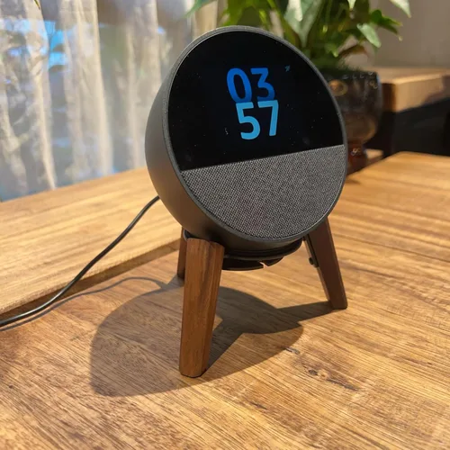 Vista 2 de Soporte de Escritorio para Altavoces Compatible con Echo Spot y Homepod Mini, Patas de Madera, Soporte de Montaje Protector para Todos los Tamaños
