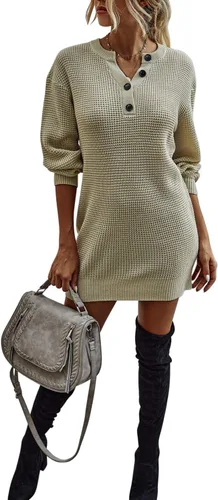 Vista 5 de Olinase Vestido tipo suéter con cuello en V para mujer, manga larga, acanalado, vestido ajustado