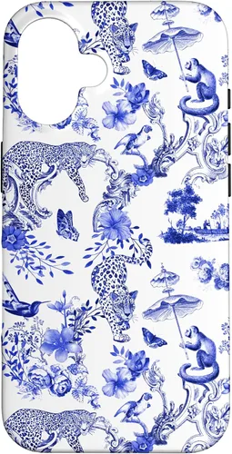 Vista 32 de French Blue Toile Chinoiserie with Flowers, Monkey, Leopards Case for iPhone 17