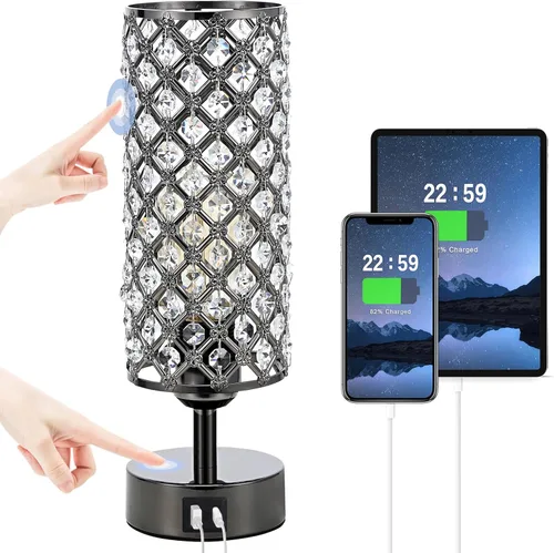 Vista 12 de Lámpara de mesa de cristal, lámpara dorada para dormitorio con puertos de carga USB-C y USB-A, luz regulable de 3 vías con pantalla de cristal