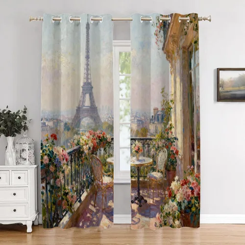Vista 75 de Cortinas opacas de cocina con pintura al óleo de Europa rosa y negra para ventanas, cenefas opacas modernas de torre Eiffel de poliéster multicapa