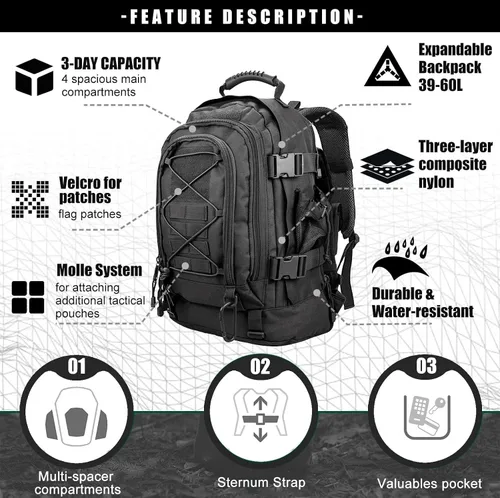 Vista 4 de Miramrax - Mochila táctica militar del ejército - Paquete de asalto para hombres, mochilas Molle, bolsa de evacuación, paquete de 3 días para Negro
