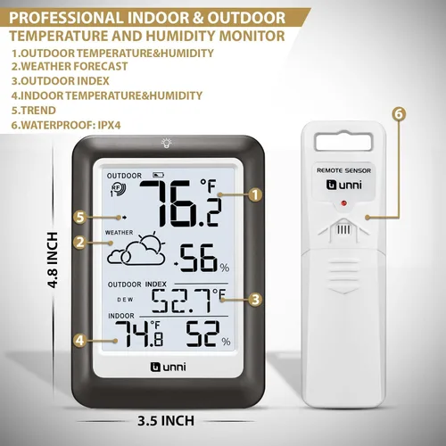 Vista 7 de Termómetro inalámbrico para interiores y exteriores, estación meteorológica inalámbrica, monitor de humedad y temperatura, funciona