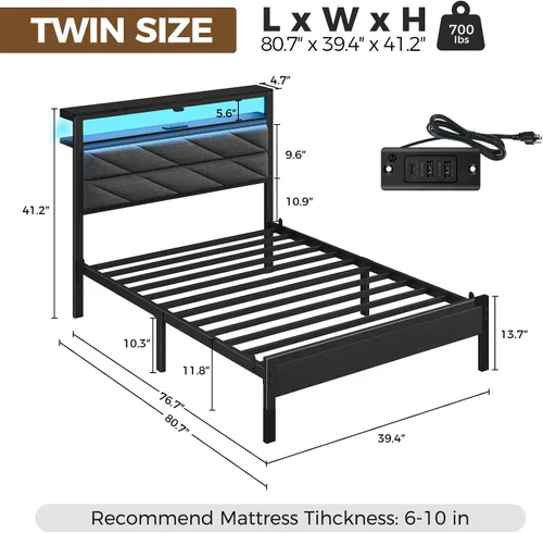 Vista 2 de Seventable Base de cama individual con estación de carga y luces LED, cabecera tapizada con estantes de almacenamiento de 2 niveles, plataforma