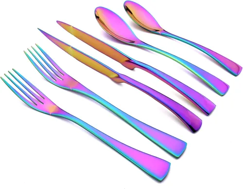 Vista 9 de Juego de cubiertos de 24 piezas, espejo de acero inoxidable 18/10, servicio de vajilla de lujo para 4, cuchillo de carne, postre, accesorios
