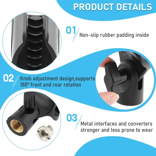 Vista 5 de Clip de micrófono de ángulo ajustable en forma de U Soporte de clip de micrófono con adaptador de tornillo Soporte universal para micrófono
