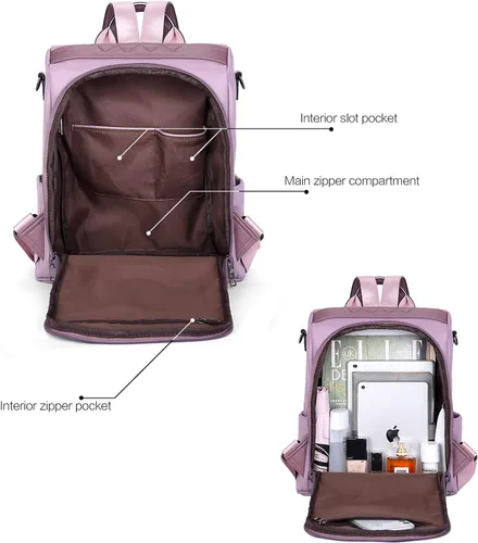 Vista 17 de Bromen - Mochila tipo bolso de mano de piel antirrobo para mujer a la moda, Beige floral, L