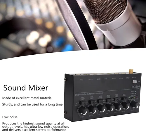 Vista 5 de Mezclador de sonido, mezclador de audio profesional, consola de tablero de sonido de bajo ruido, 6 canales, mezclador de línea estéreo para clubes