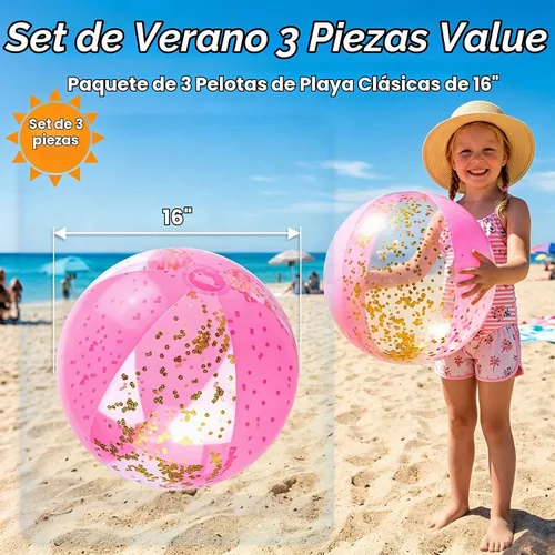 Vista 2 de POPLAY - Pelota de playa con purpurina de 16 pulgadas, 3 piezas, rosa