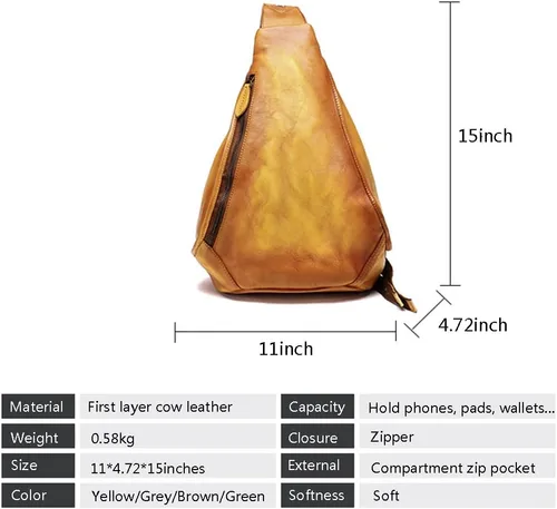 Vista 3 de Bolso bandolera de cuero genuino para mujeres y hombres, mochila vintage hecha a mano en el pecho, mochila casual cruzada para el hombro