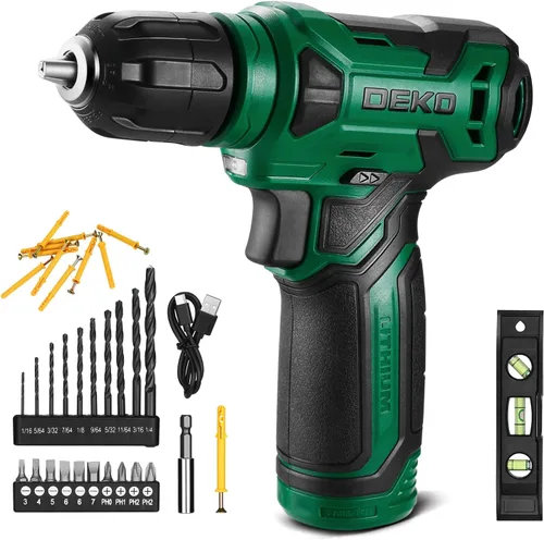 Vista 11 de Taladro inalámbrico DEKOPRO de 8 V, juego de taladro con mandril sin llave de 3/8 pulgadas, 42 piezas de accesorios, LED incorporado, cable de carga
