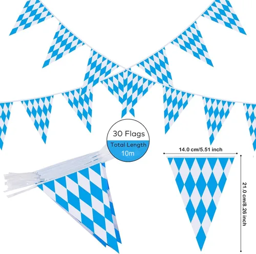 Vista 2 de Ahfulife Pancarta de bandera bávara de Oktoberfest de 32.8 pies para decoraciones de Oktoberfest, pancarta de Oktoberfest con 30 banderas