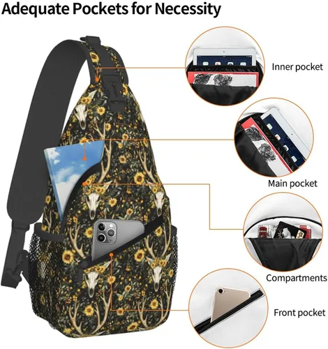 Vista 4 de Small Crossbody Bags for Women Men - Vintage Sunflower Deer Skull Print Adjustable Shoulder Bag Fanny Packs Belt Sling Bag Crossbody Purses Backpack