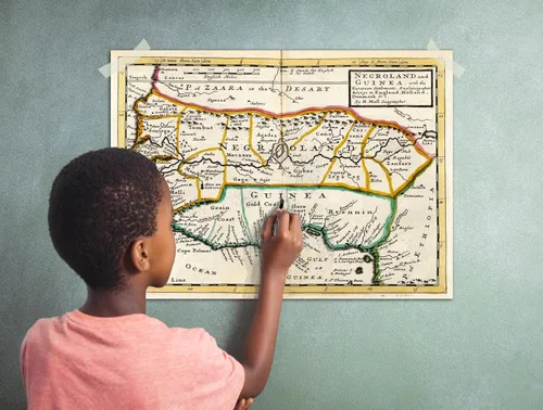 Vista 2 de 1736 Mapa de Negroland y Guinea, con los asentamientos europeos, explicando lo que pertenece a Inglaterra, Holanda, Dinamarca
