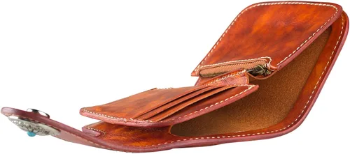 Vista 6 de Ancicraft Billetera plegable de piel auténtica con botones turquesa para hombre, Amarillo Marrón, Billetera plegable
