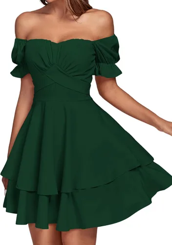 Vista 3 de LYANER Minivestido de manga corta con volantes y hombros descubiertos para mujer